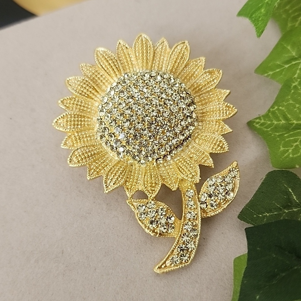 Gold Sunflower Brooch Pin with Clear CZ Stones